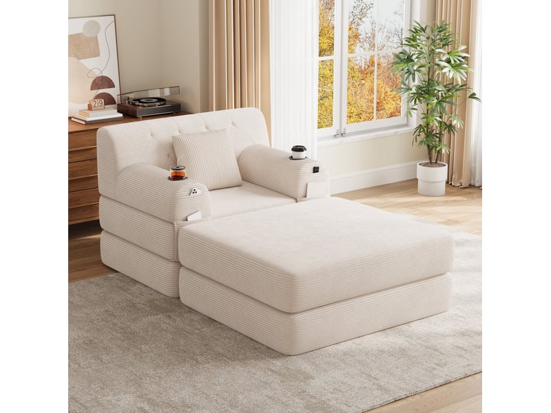  Fauteuil 1 place avec repose-pieds en velours côtelé beige, 107x162x81 cm  - Conforama B