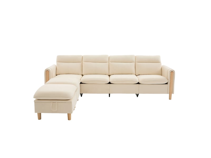  Canapé droit 4 pl 261x77x86 cm poches latérales et pieds en bois, 2 poufs de rangement, tissu chenille beige, pour le salon  - Conforama A