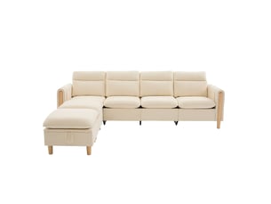 Canapé droit 4 pl 261x77x86 cm poches latérales et pieds en bois, 2 poufs de rangement, tissu chenille beige, pour le salon