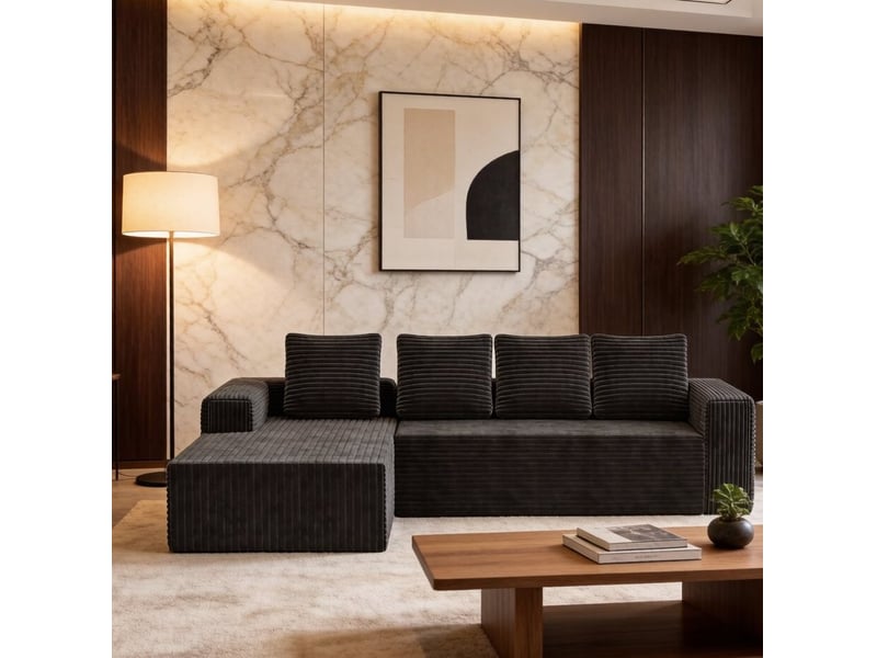  Canapé d'angle modulaire 4 places avec méridienne à droite et assise profonde en velours côtelé gris  - Conforama D