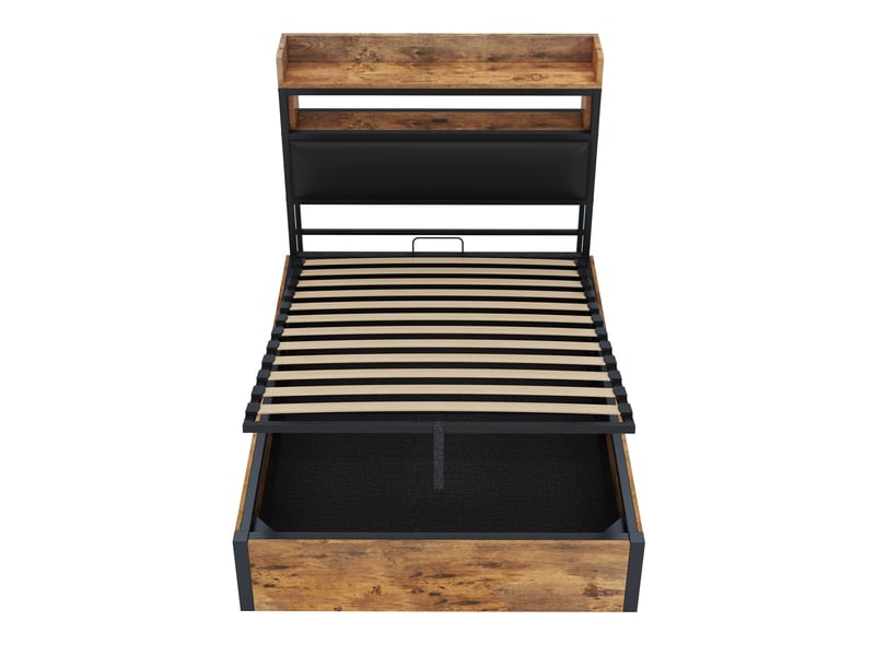  Lit coffre enfant 90x200 cm, rangement et étagère, port usb, motif de bois, sommier, tissu noir, sans matelas  - Conforama D
