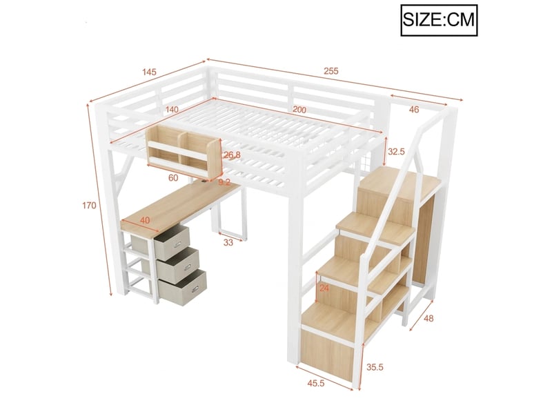  Lit mezzanine 140x200 avec bureau et armoire station de charge métal blanc  - Conforama E