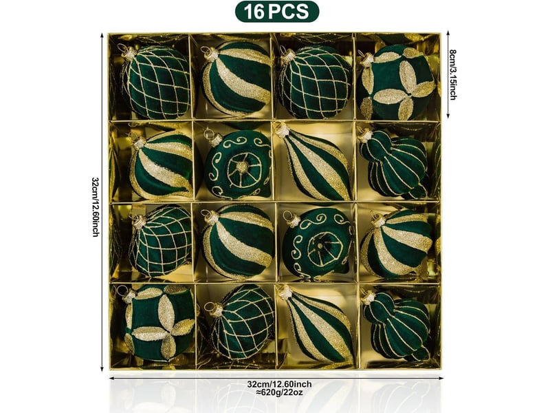  Lot de 16 boules de noël 8 cm, décorations suspendues pour sapin de noël, ornements de fête pour maison, vert foncé  - Conforama E