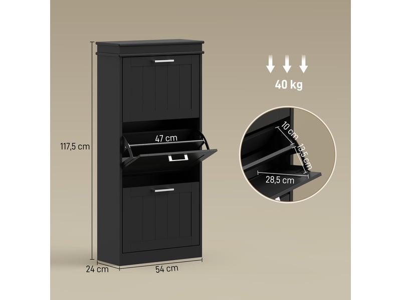  Meuble à chaussures 3 portes abattantes 15 paires en mdf noir 54 x 24 x 117,5 cm  - Conforama C