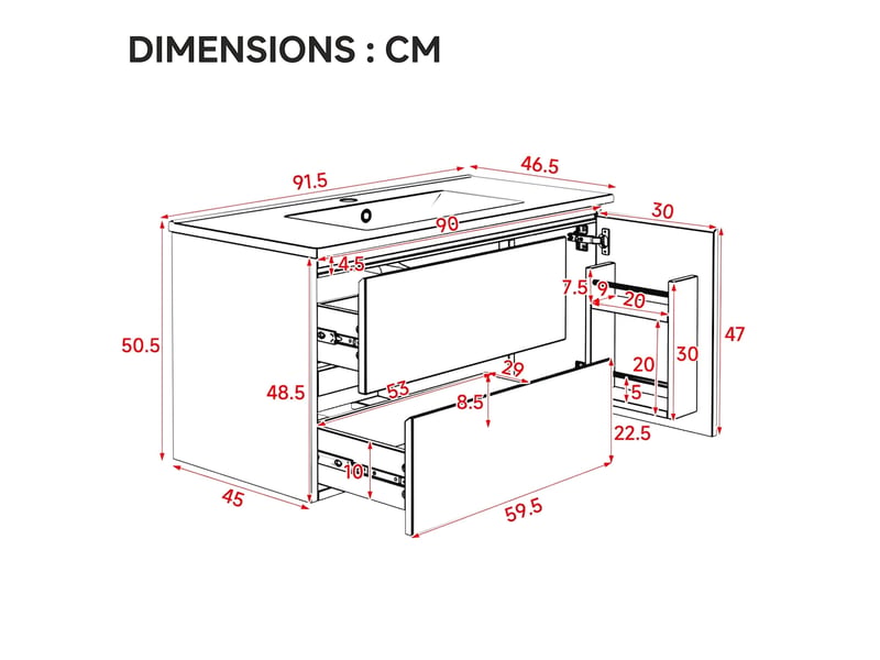 Meuble sous vasque suspendu 90 cm blanc avec lavabo céramique et éclairage led - Conforama E
