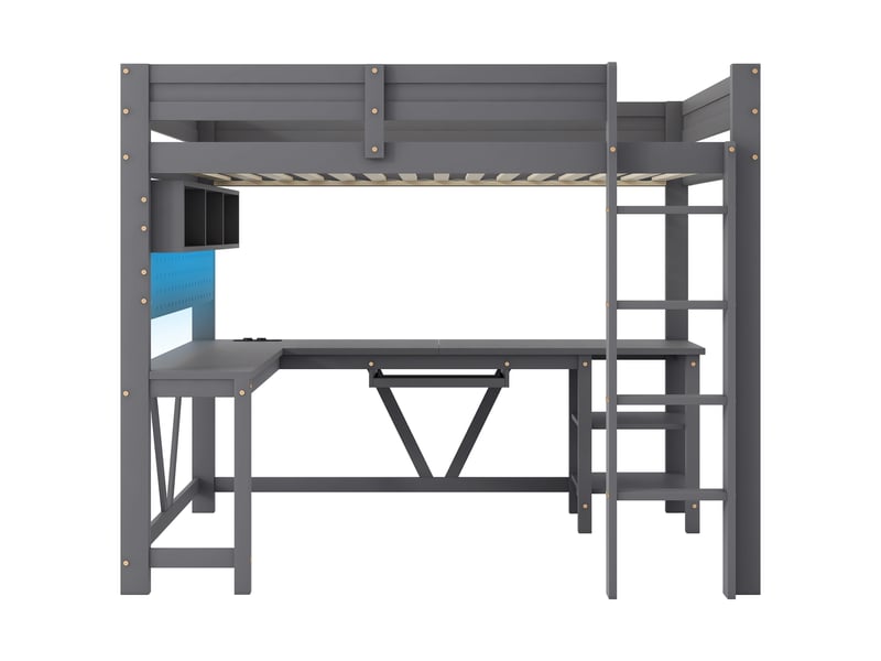  Lit mezzanine gaming 90x200 cm gris, avec bureau, rangements, led 7 couleurs, 2 prises, 2 usb, sommier inclus, sans matelas  - Conforama E