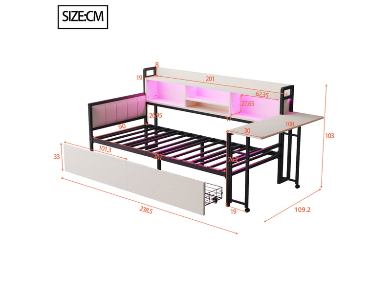  Lit enfant 90x200 cm, avec éclairage led, compartiment de rangement, 2 tiroirs, bureau rabattable, blanc, sans matelas  - Conforama C