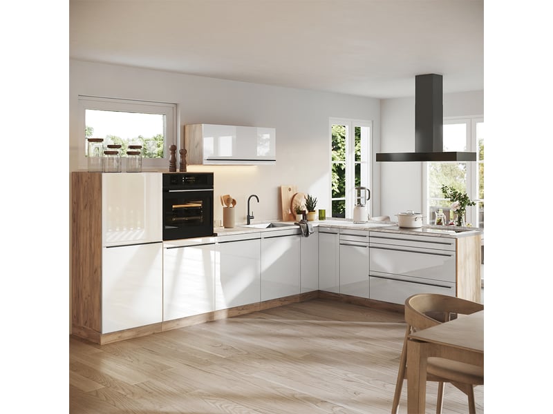 Vicco cuisine en angle, blanc haute brillancechêne doré, 327 x cm plan de travail chêne doré - Conforama C