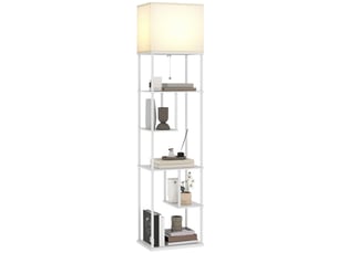 Lampadaire avec étagères, luminosité et température de couleur réglables, idéal pour chambre, bureau ou salon, blanc.