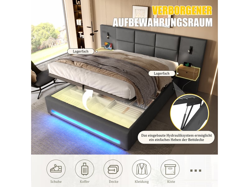  Lit double rembourré 180x200 cm avec led et port usb-c, gris foncé, lit double hydraulique avec tête de lit en velours et tiroir  - Conforama E