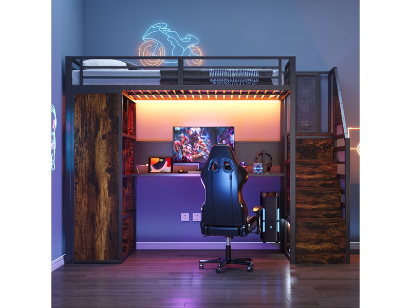 Lit mezzanine 90x200 cm avec escalier rangement, bureau, led, prise eu, lit simple métal noir, sans matelas  - Conforama W