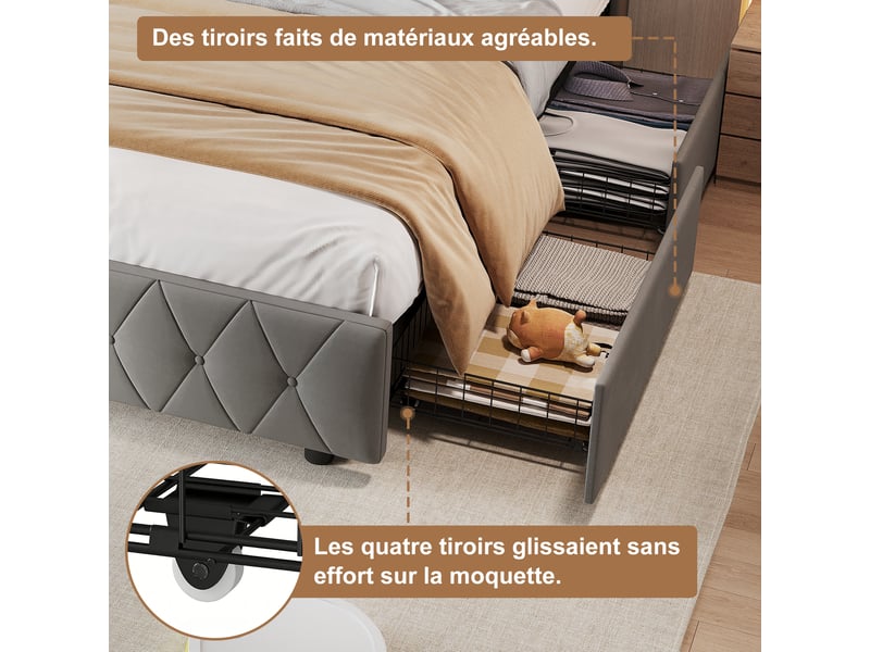  Lit coffre 140x200 cm, lit double 140x200 cm avec 2 tiroirs, éclairage led rgb, ports usb et type-c, tissu en velours gris  - Conforama E