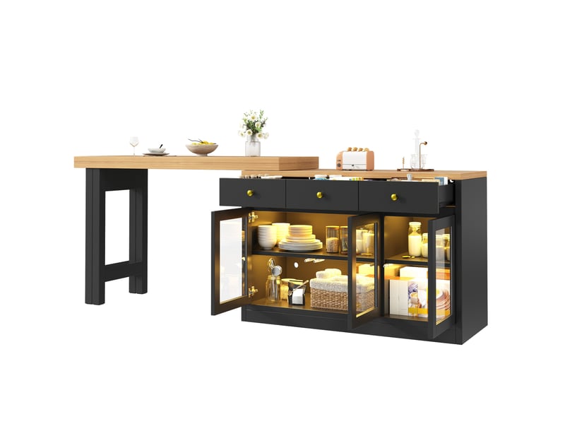  Îlot de cuisine extensible 120-200x40x75,5 cm, led, 3 tiroirs et 3 portes vitrées, desserte, mdf et métal, couleur noir  - Conforama A