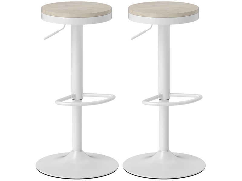  Lot de 2 tabourets de bar, chaises de bar pivotantes avec assise en hévéa, hauteur réglable et repose-pieds, blanc  - Conforama B