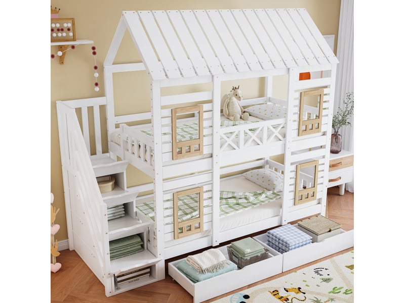  Lit superposé enfant 90x200 cm avec toit, rangements et tiroirs, blanc et naturel  - Conforama D