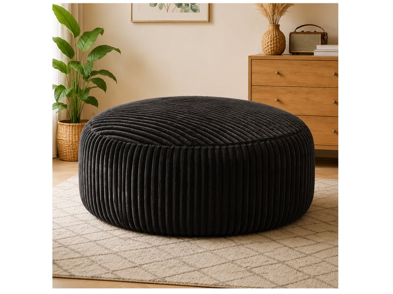  Pouf poire rond 143x143x55 cm mousse velours côtelé noir  - Conforama B