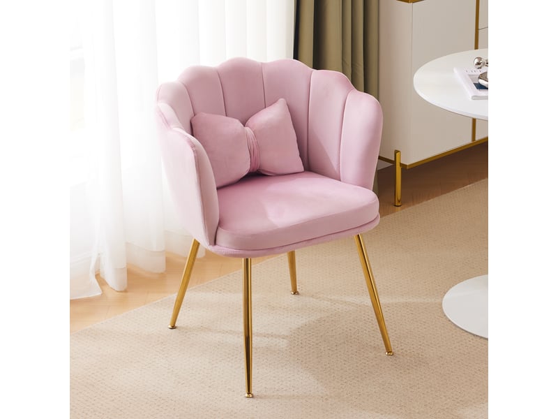  Fauteuil design en velours avec dossier pétale, coussin papillon et pieds métalliques dorés, rose  - Conforama B