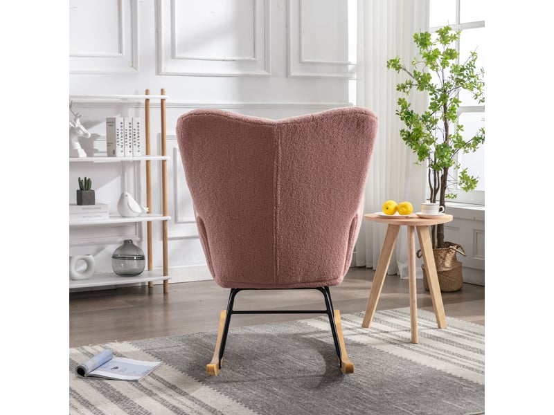  Fauteuil à bascule rose en tissu teddy avec dossier capitonné, pieds en bois et cadre en métal, 80x70x95 cm  - Conforama W