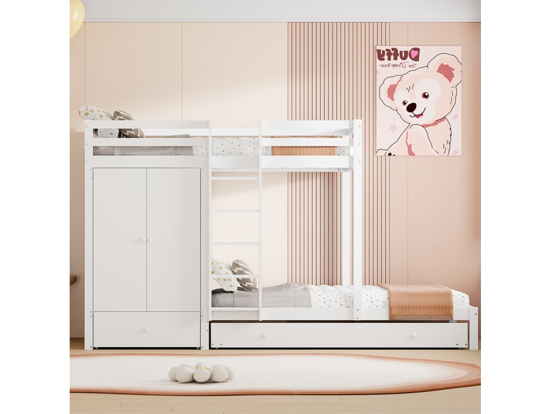 Lit superposé enfant 90 x 200 cm avec lit gigogne, armoire et tiroirs, blanc  - Conforama D