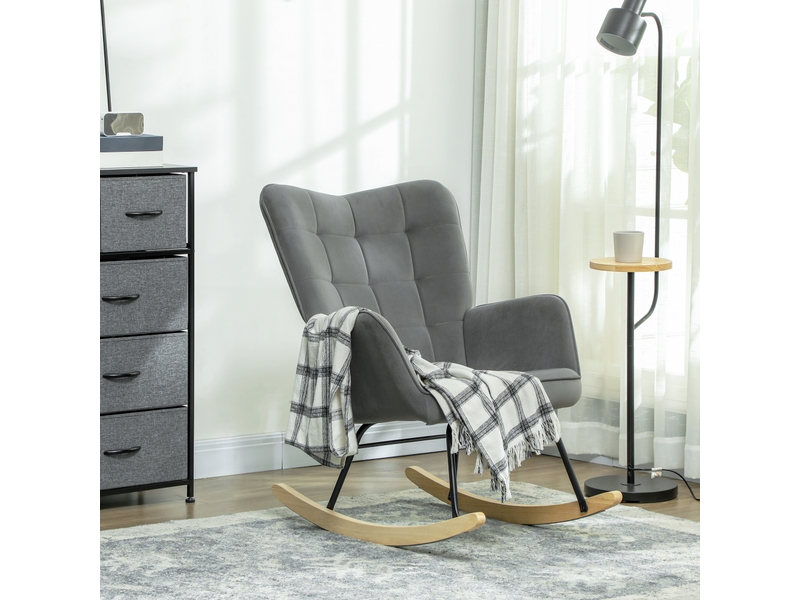  Fauteuil à bascule vintage, patins incurvés, rembourrage épais, bois de hêtre et acier, gris foncé  - Conforama C