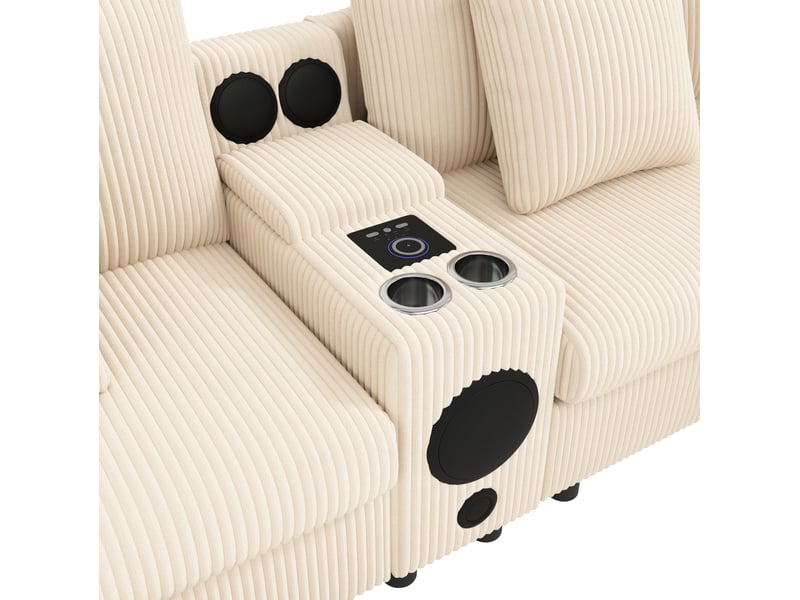 Canapé droit 315,5x144x84,5cm 4 places, 2 poufs, console bluetooth, rangement, canapé de salon, velours côtelé, beige  - Conforama E