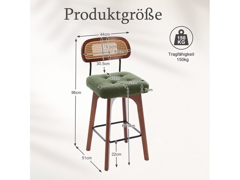  Lot de 2 tabourets de bar pivotants 360° en tissu vert, dossier en paille et assise rembourrée confortable  - Conforama C