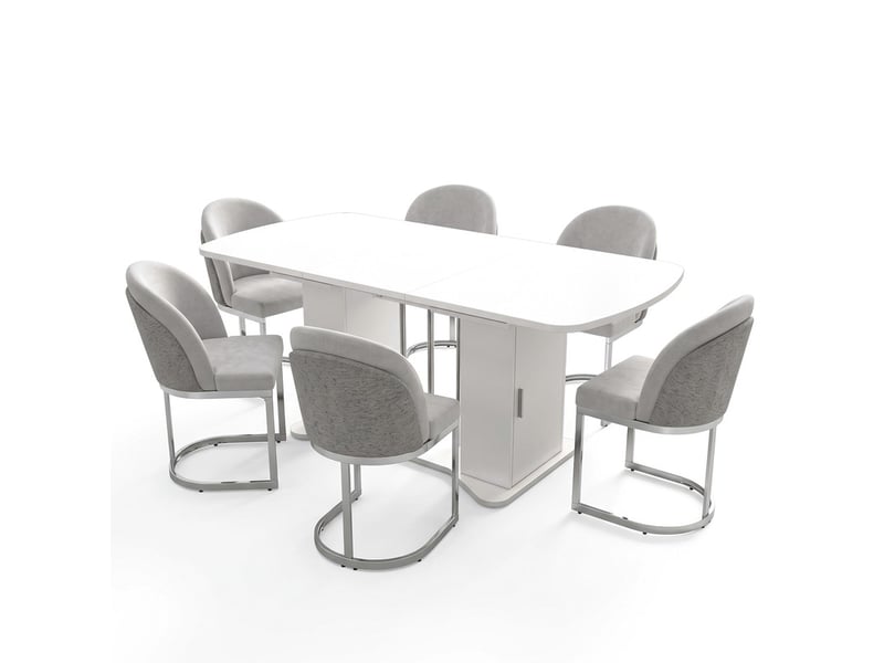  Ens table chaises 4-6 pers, table extensible 120/160cm blancargent + 6 chaises chenille grisargent, style moderne  - Conforama A
