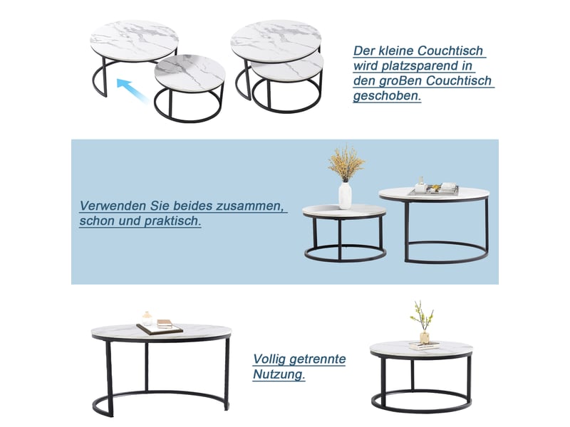  Tcqpz table basse 2 pièces 80x45 cm et 60x33,5 cm, mdf marbré, structure en fer  - Conforama E