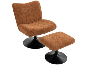 Fauteuil de salon et repose-pieds style rétro matelassé piètement métal rond tissu marron