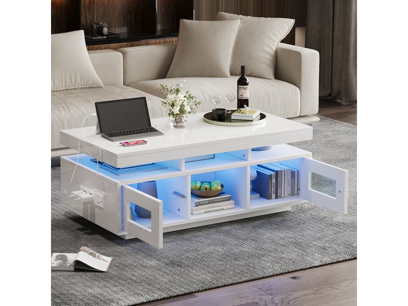  Table basse avec 2 portes 2 niches led et prise usb, en panneau de particules, blanc, 100×50×43 cm - uvrion  - Conforama B