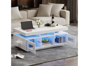 Table basse avec 2 portes 2 niches led et prise usb, en panneau de particules, blanc, 100×50×43 cm - uvrion
