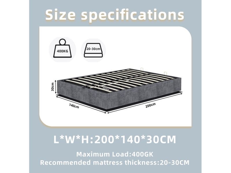  Lit adulte 140 × 200 cm 2 places avec vérin à gaz, dossier réglable, sans matelas, en velours gris  - Conforama D