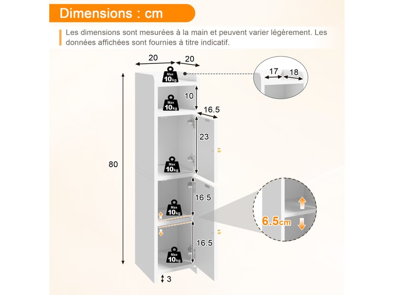  Armoire blanche 80 cm, rangement étroit polyvalent, étagère réglable, poignées métal, anti-basculement, chambre salon  - Conforama C