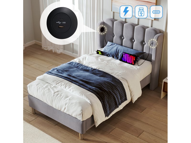  Lit simple 90x200 cm avec port usb et port type-c, gris, sans matelas  - Conforama B