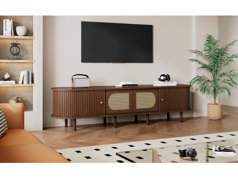  Meuble tv 180 cm pour écran 80 pouces, façades en cannage rotin, mdf, effet noyer foncé  - Conforama C
