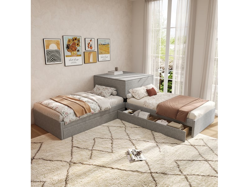  Lit banquette 90x200 cm – gris – lit gigogne, armoire de rangement et 2 tiroirs intégrés – sans matelas  - Conforama B