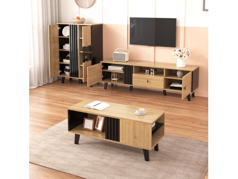  Ensemble salon 3 pièces, meuble tv 170 cm, table basse 100 cm, buffet 80 cm vitré led, panneaux de particules et verre, bois et noir  - Conforama E