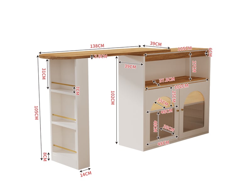  Meuble bar extensible 138-193 cm, rotatif 360° avec rangement et led, portes vitrées, panneaux de particules et métal - blanc  - Conforama C