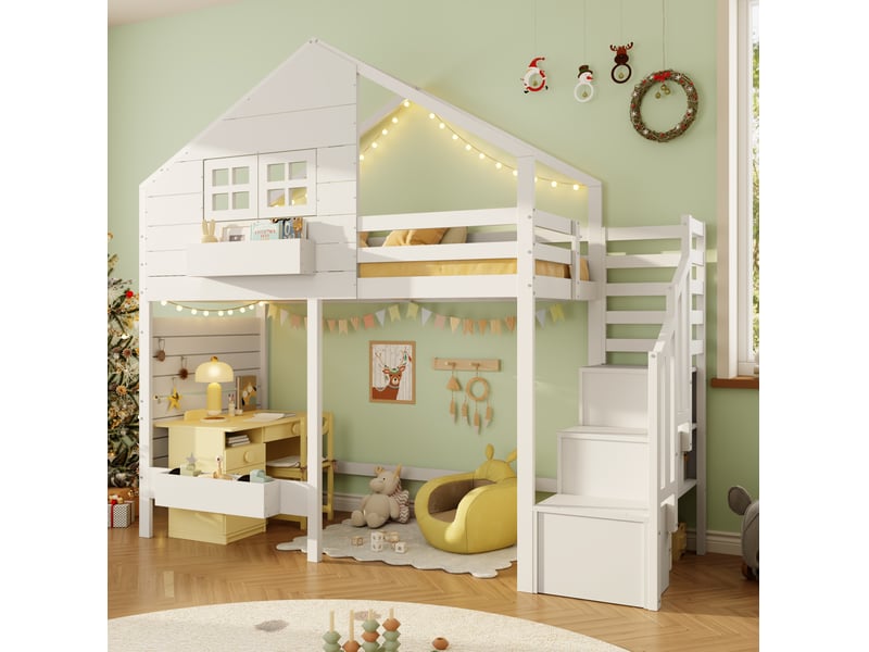  Lit superposé avec rangements en bois et mdf blanc  - Conforama C