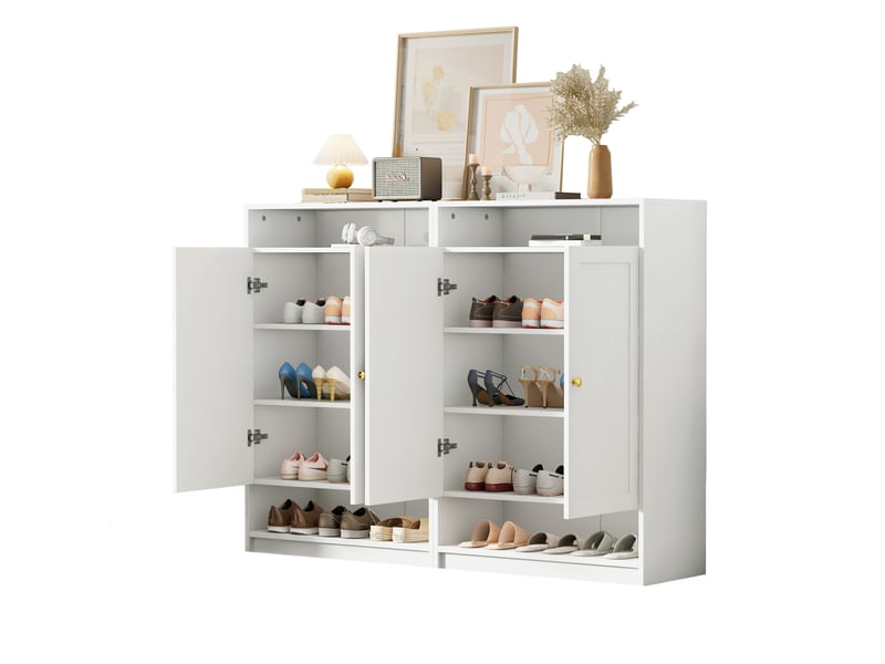  Meuble à chaussures ulevr 2 portes avec rangement, étagères réglables, 146 x 34 x 109 cm, panneaux de particules blancs et poignées dorées  - Conforama A