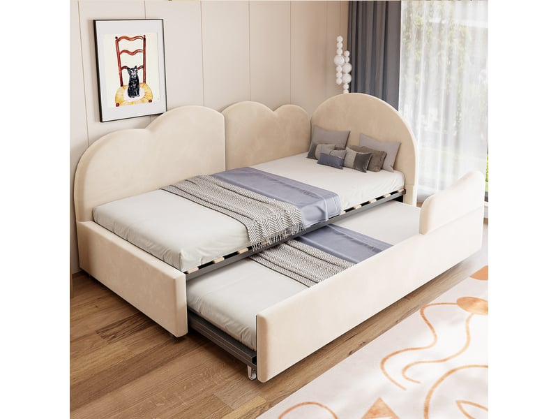 Lit superposé en l 90x200+90x190 cm, tête de lit nuage, velours beige, sans matelas - Conforama R