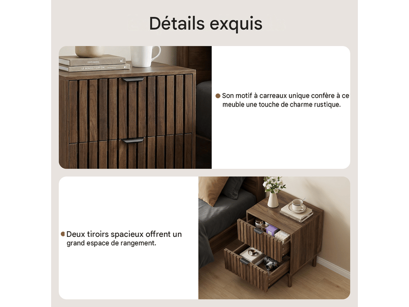  Table de chevet 2 tiroirs en mdf coloris noyer 45 x 39 x 56,5 cm W3180P567363 - Conforama D