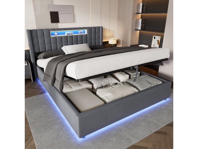 Lit coffre 160x200 cm, lit double adulte avec led et rangement, métal, gris (sans matelas)  - Conforama W