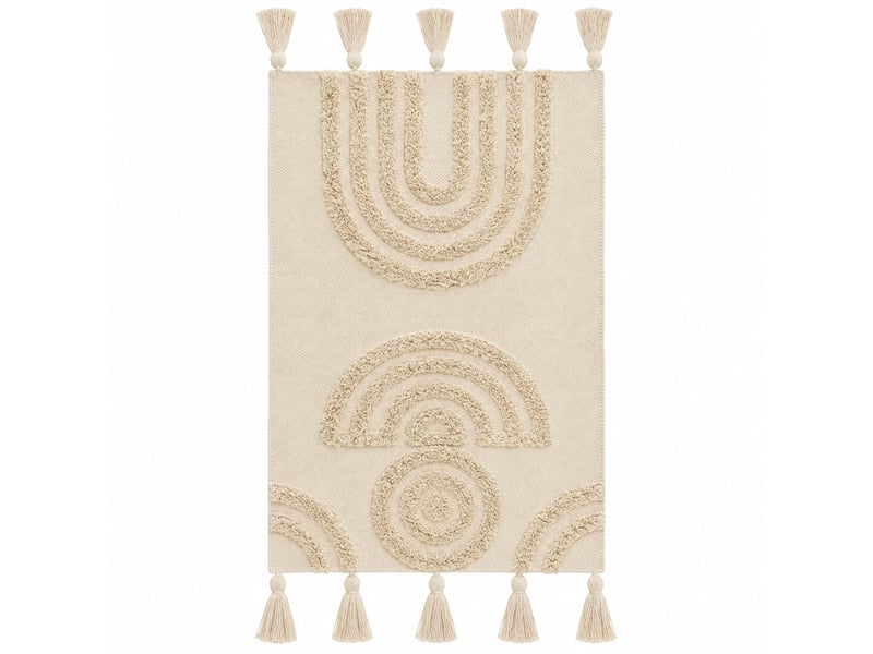  Tapis de sol rectangulaire en coton naturel à motifs arcs et cercles avec franges - longueur 80 x largeur 50 cm  - Conforama A