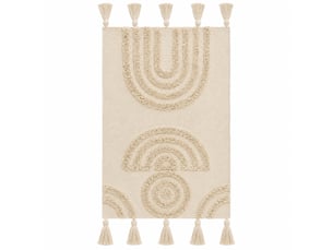 Tapis de sol rectangulaire en coton naturel à motifs arcs et cercles avec franges - longueur 80 x largeur 50 cm