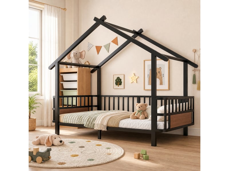 Lit chambre couchage maison 90x200 métal noir barrières sécurité design toit déco homvra - Conforama C