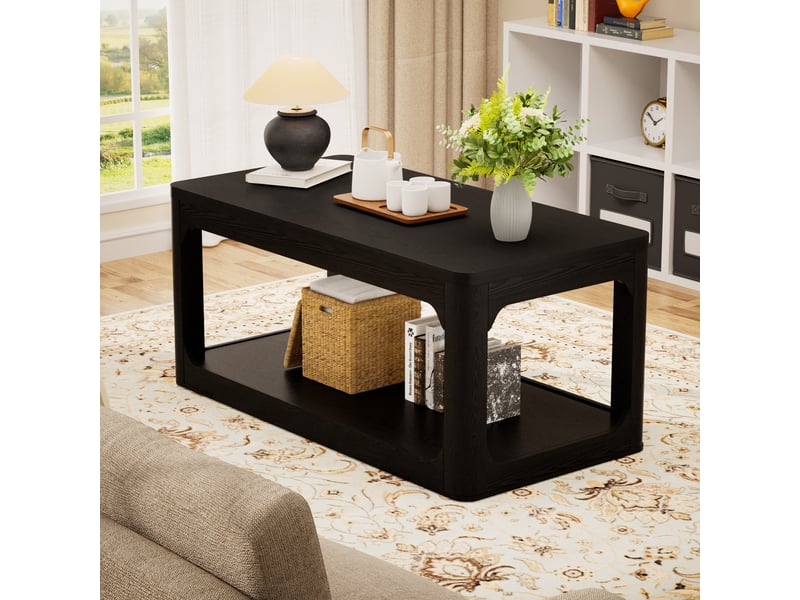  Table basse fixe à 2 niveaux de rangement pour salon en mdf noir  - Conforama D