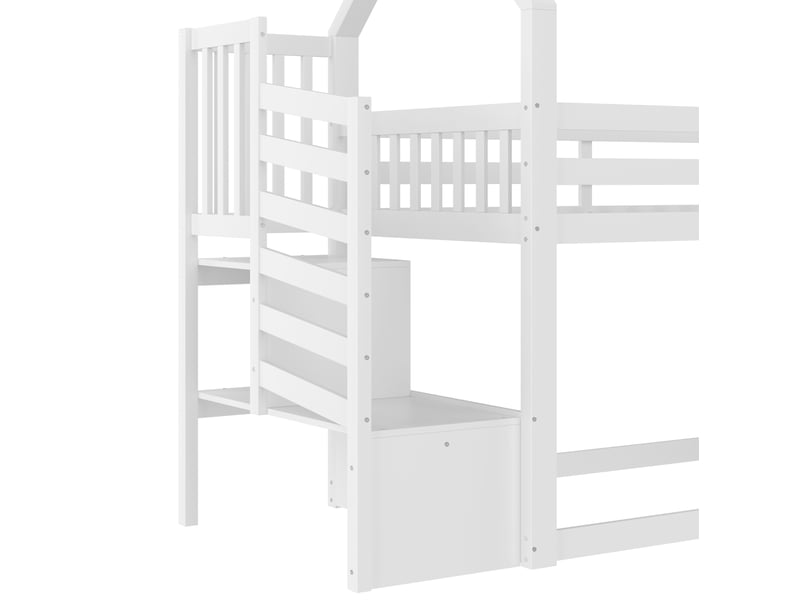  Lit superposé enfant 90x200 cm, avec toboggan, escalier de rangement, design cabane, bois blanc, sommier, sans matelas  - Conforama E