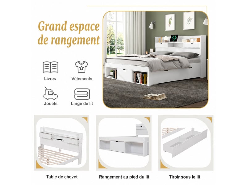  Lit double 160x200 cm, lit 2 places avec port usb et type-c, tiroirs,  espace de rangement ouvert, sans matelas - blanc  - Conforama E