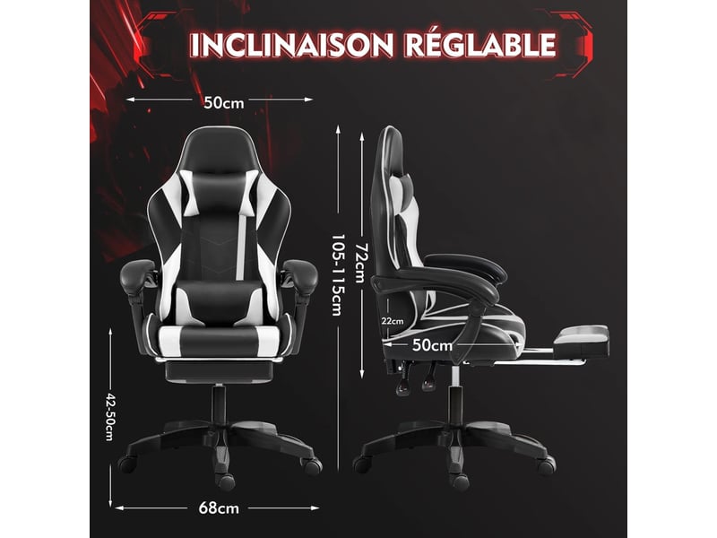 Chaise gaming ergonomique, repose-pieds télescopique Réglable Fauteuil Gaming - Conforama C